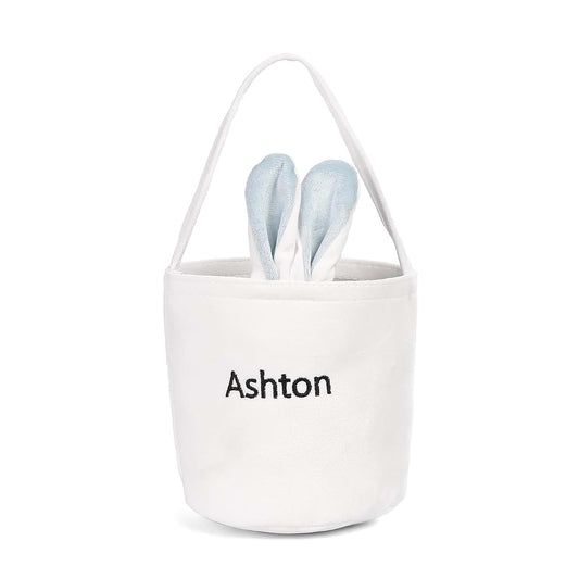 Dreamgem Personalized Bunny Ears Bucket Bag with Custom Name Photo-Easter Bag with Handle-Soft Egg Basket for Kids