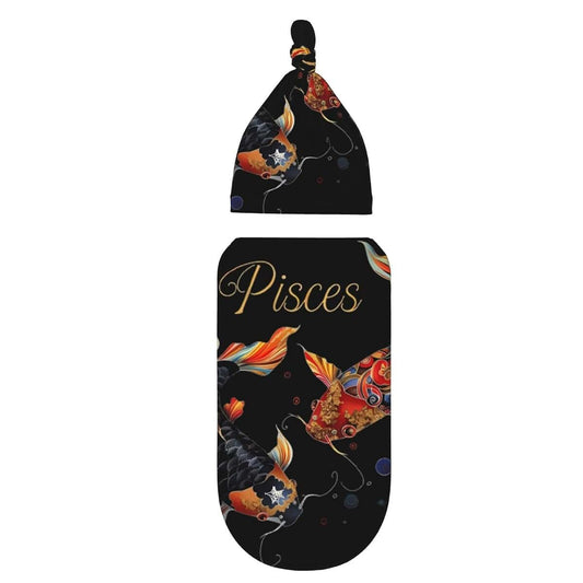Pisces Zodiac Sign Baby Swaddle Blanket with Beanie Set, Soft Print Swaddle Sack for 0-6 Months Unisex