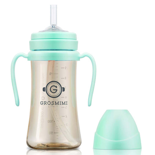 Grosmimi Baby Straw Cup, Spill-Proof PPSU Sippy Cup with Rotating Handles, 10oz Aqua Green