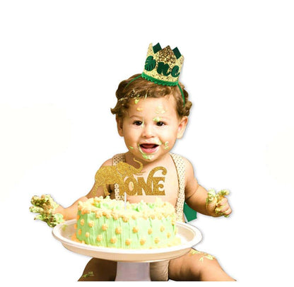 Ullovit First 1st Birthday Crown for Baby Boys Prince, Sparkle Gold Green Wild One Birthday Hat Headband Cake Smash (photo 2)