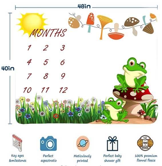 FHZON Frog Mushroom Monthly Milestone Blanket, 48x40 Inches Cotton Mat with 1-12 Month Markers and Frames