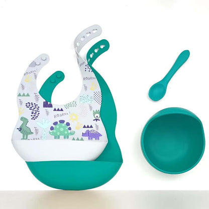 BabyOneStop Silicone Dinosaur Print Bib Set with Bowl and Spoon - Marble & Teal