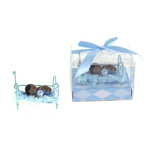 Lunaura Baby Keepsake - Set of 12 "Boy" Black Ethnic Baby Laying on Swinging Bed Favors - Blue