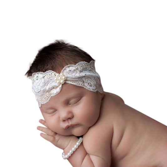 Chic Crystals Jasmine Ivory Gold Pearl Headband (3-6months) Baby stretch Headband with pearl, Baby girls hair band