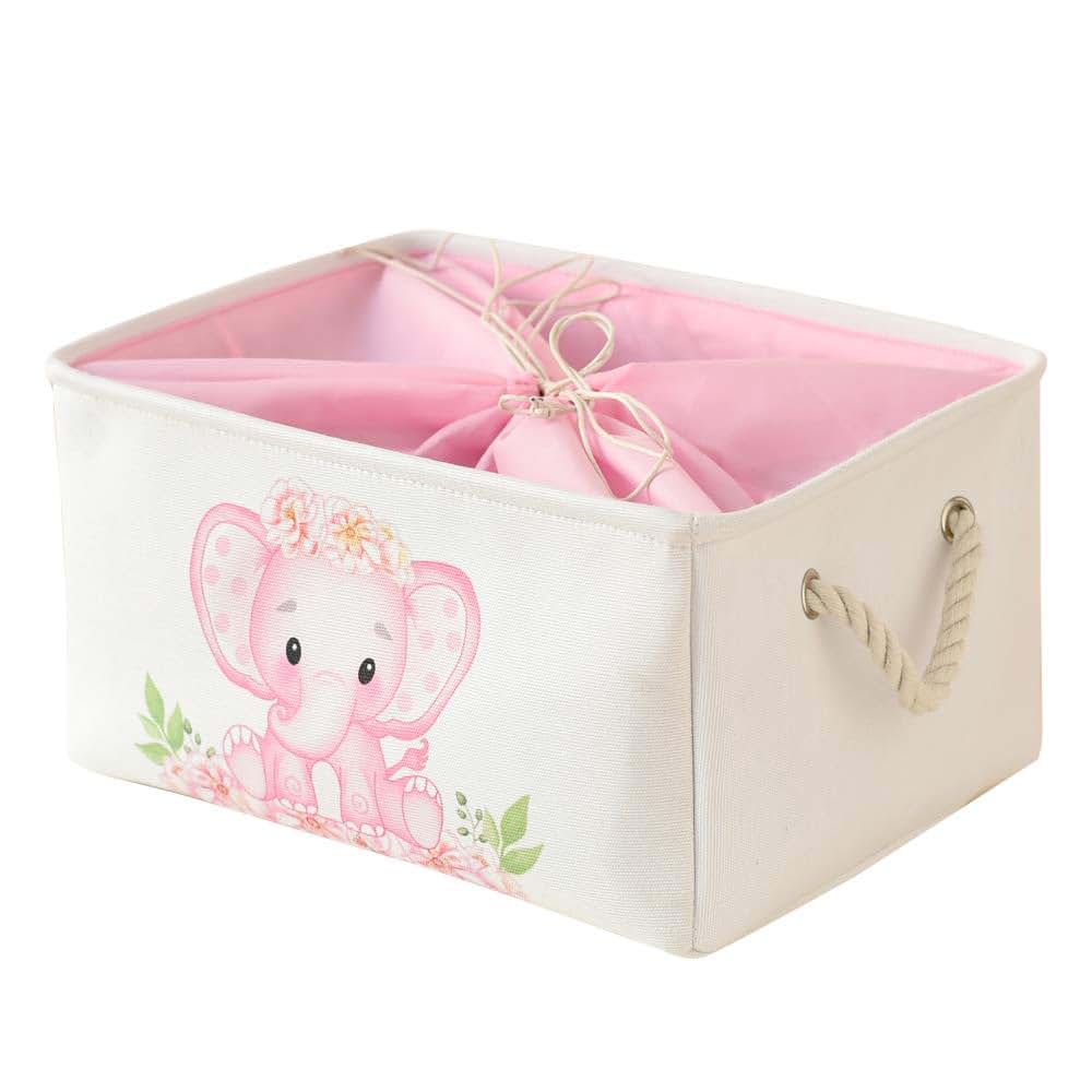 INough Pink Basket Elephant Storage Bins for Kids, Gift Box for Baby,Collapsible Storage Basket for Toys Clothes,Fabric