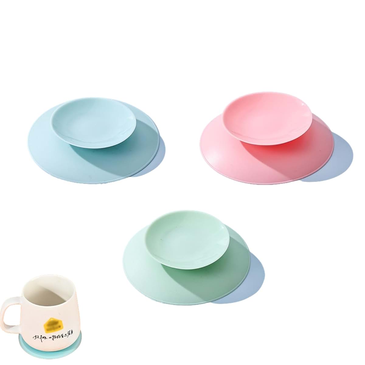 Yimluofa Double Sided Silicone Suction Cups for Tableware, 3 Piece Set in Pink, Blue, and Green