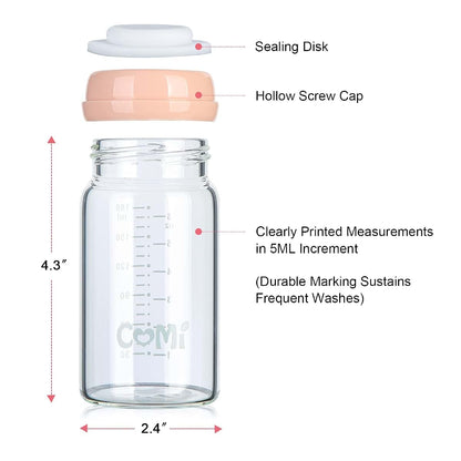 COMI Wide Neck Glass Breastmilk Collection n Storage Bottle, 4 Packs, 6oz with Screw Ring Sealing Disk; Re-markable (photo 3)