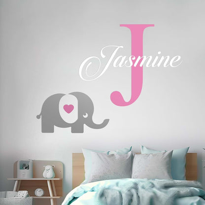 Cryptonite Personalized Name Elephant And Initial Baby Girl Wall Decal Nursery