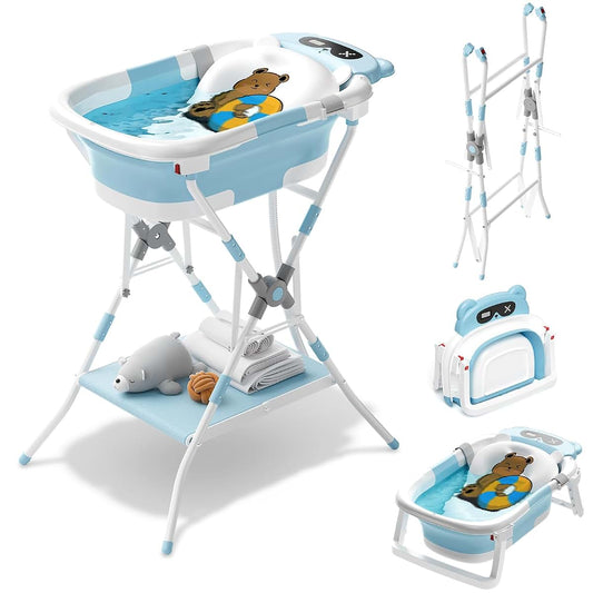 BALLA BALEIN Baby Bathtub with Stand Collapsible Tub with Cushion Standing