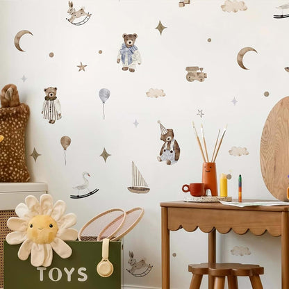 Boho Teddy Sailboat Wall Stickers for Nursery Kids Room Decor