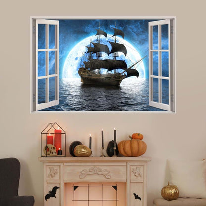 Kiddale 3D Pirate Ship Fake Window Wall Sticker Decal for Bedroom Decoration