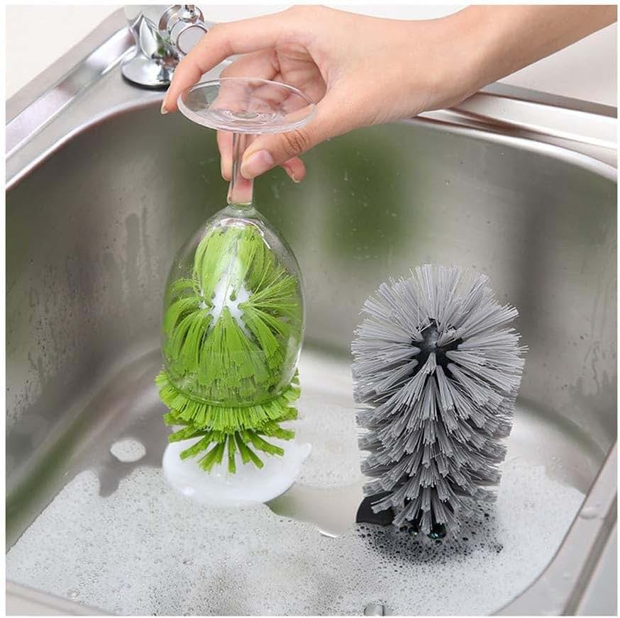 Glass Cleaning Brush with Suction Cup Base, Grey for Bottles Cups & Glassware