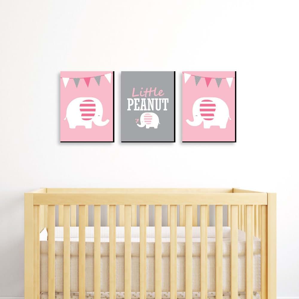 Big Dot of Happiness Pink Elephant Nursery Wall Art, 3-Piece Set