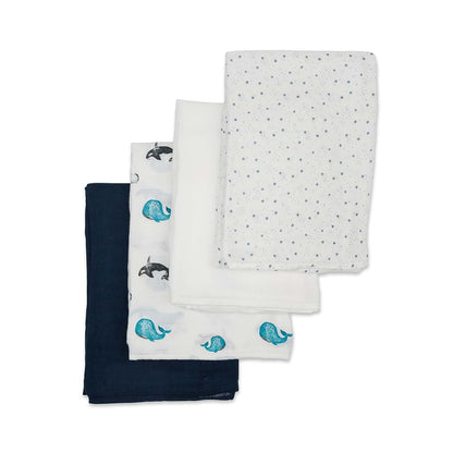 Lulujo Set of 4 Deluxe Muslin Swaddle Blankets, Whales & Stars, 47 x 47-Inch