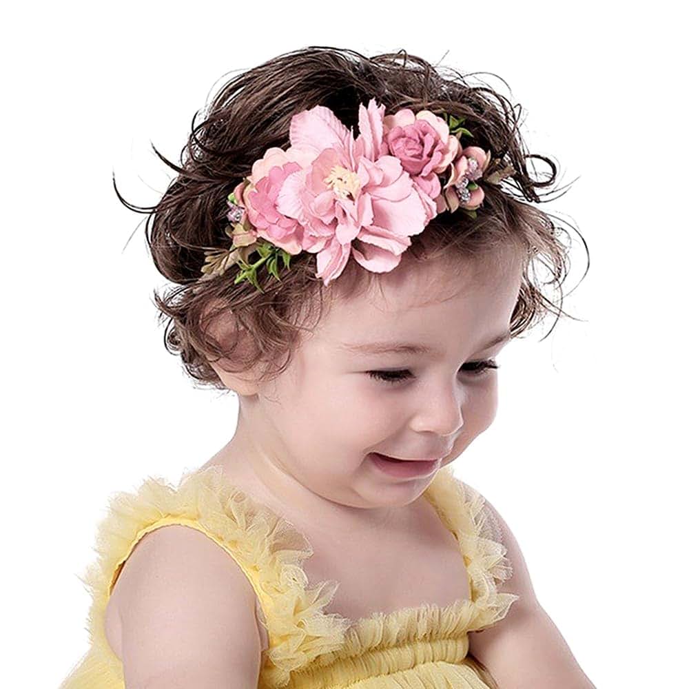 Yheahin Baby Girls Flower Nylon Headband - Pink Stretchy Floral Hair Accessory for Newborn to Toddler