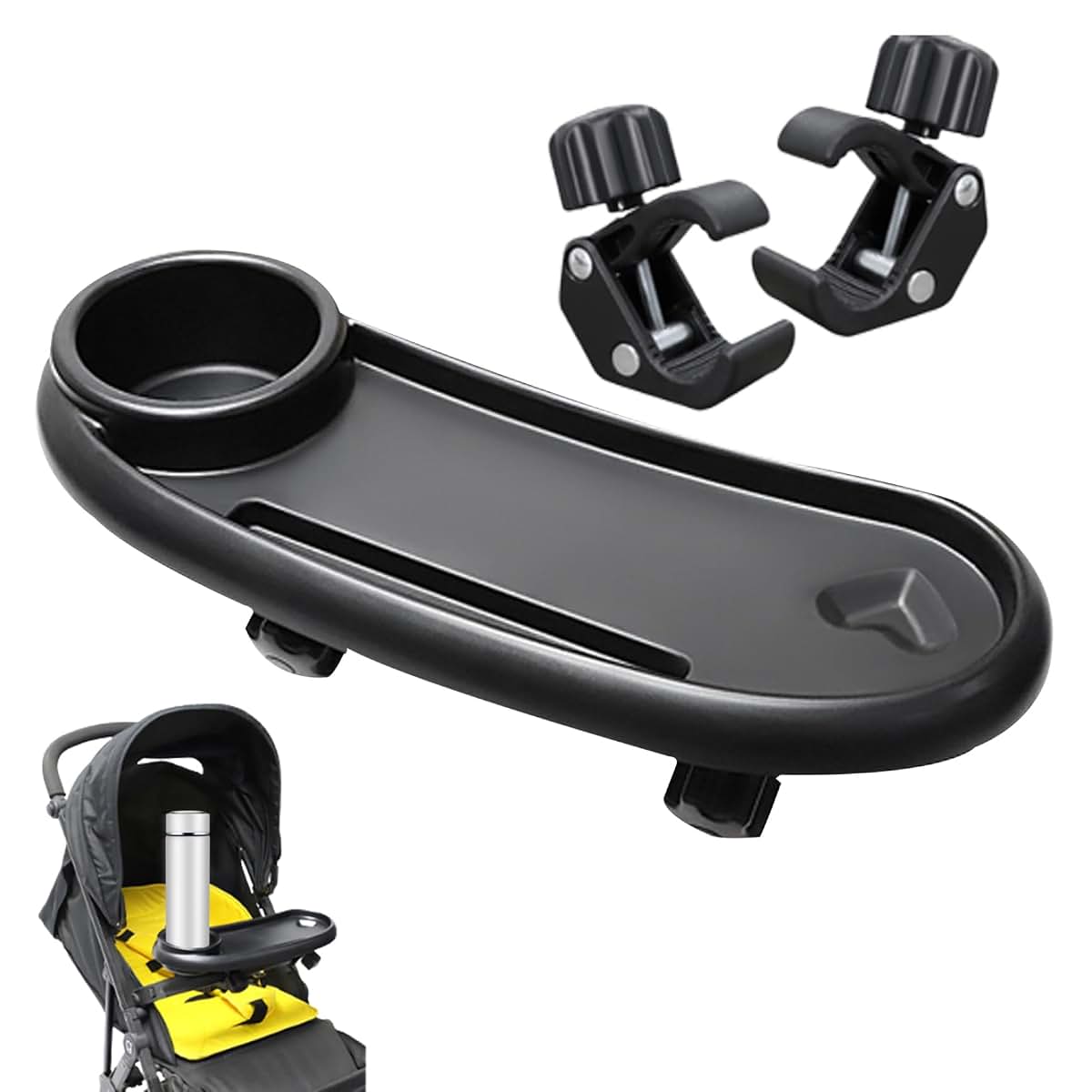 Hperu Stroller Snack Tray with Cup Holder and Phone Holder, Universal Fit, Black, Large