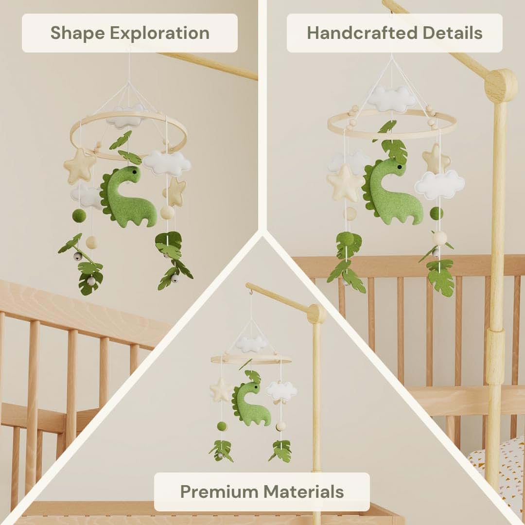 Mobile for Crib – Handmade Dinosaur Jungle Baby Mobile with Beech Wood Ring