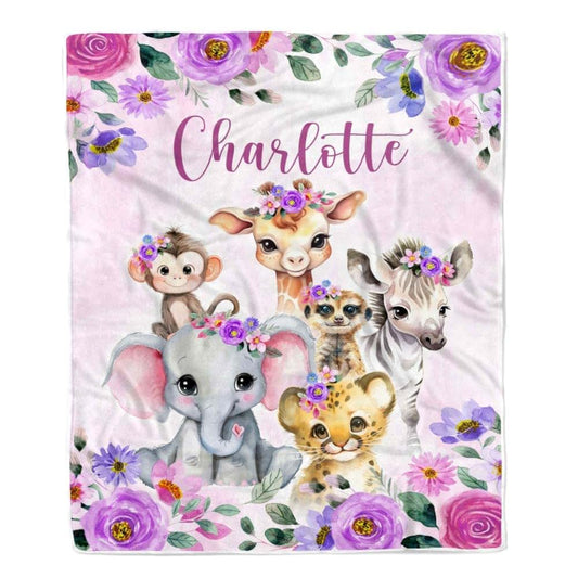 TeesNow Personalized Purple Safari Baby Blanket Girl Custom Baby Name Cobijas para Bebe Niña Newborn Daughter
