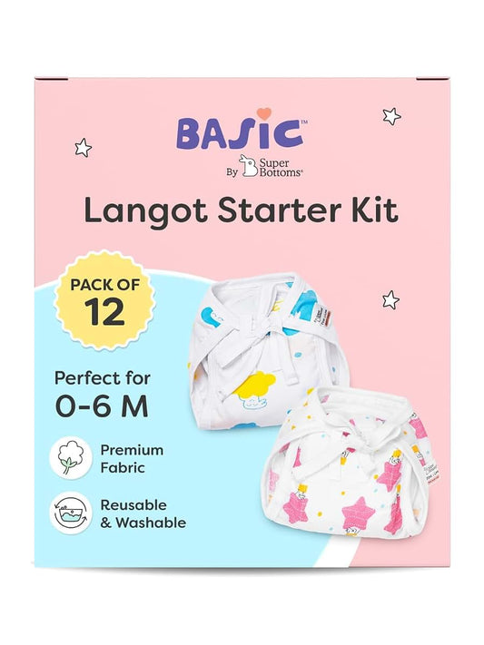 PGM DISTRIBUTORS Baby Langot Starter Kit, 12 Pack Cotton and Muslin Nappies, Reusable Cloth Diapers, 0-6 Months