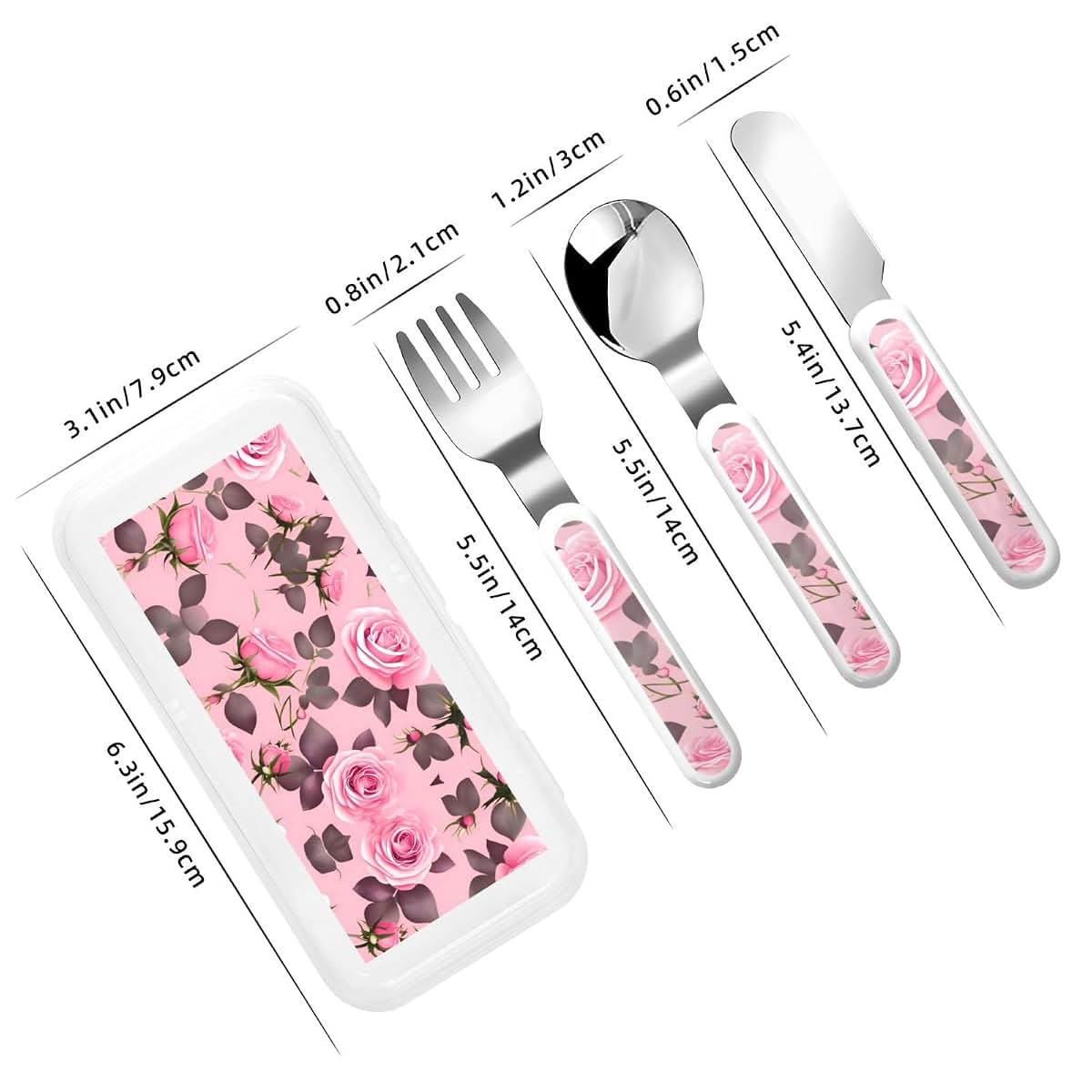 ZZYYDS Pretty Pink Roses Children's Three-Piece Knife, Fork and Spoon Set with Portable Box