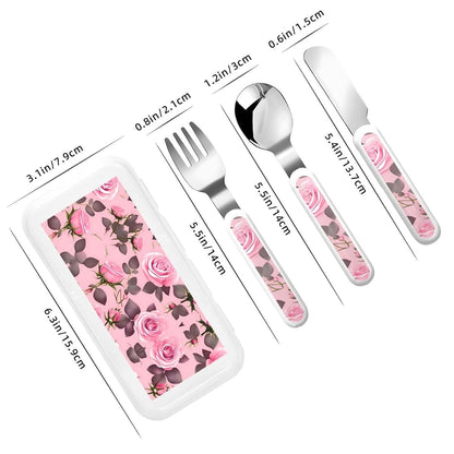 ZZYYDS Pretty Pink Roses Children's Three-Piece Knife, Fork and Spoon Set with Portable Box