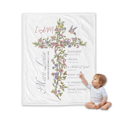 ZEBRA88 Personalized Baptism Blanket for Girl, Custom Floral Cross Christian Blanket, Catholic Christening Gift, Baby