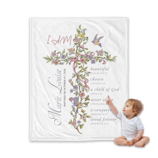 ZEBRA88 Personalized Baptism Blanket for Girl, Custom Floral Cross Christian Blanket, Catholic Christening Gift, Baby