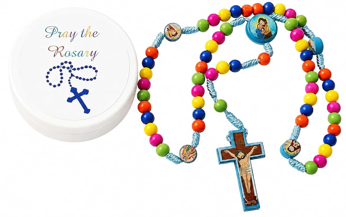 BabyOneStop Colorful Wooden Rosary With Crucifix And Holy Family Case