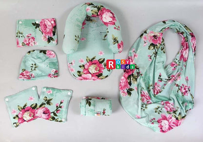 9-Piece Infant Car Seat Cover Set with Canopy, Blanket, Hat and Nursing Scarf - Pink Peony