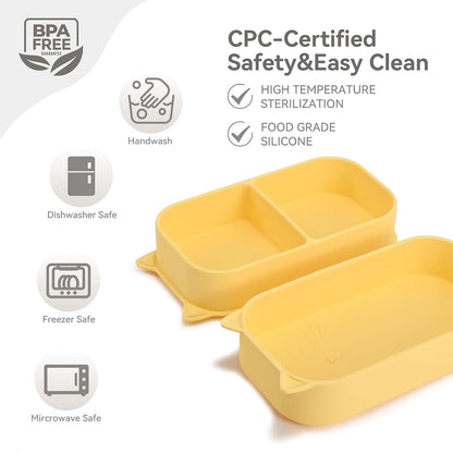 Mossora Cat Toddler Feeding Set, Snap-Together Plates & Steel Utensils, Pale Yellow