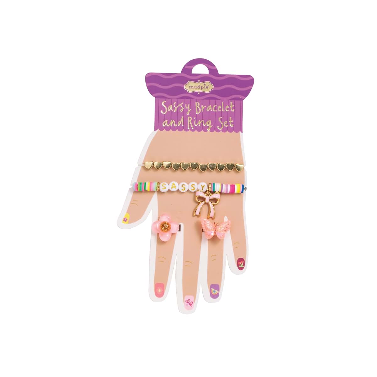 Mud Pie Kids Purple Sassy Bracelet & Ring Set, 4-Piece Plastic Jewelry