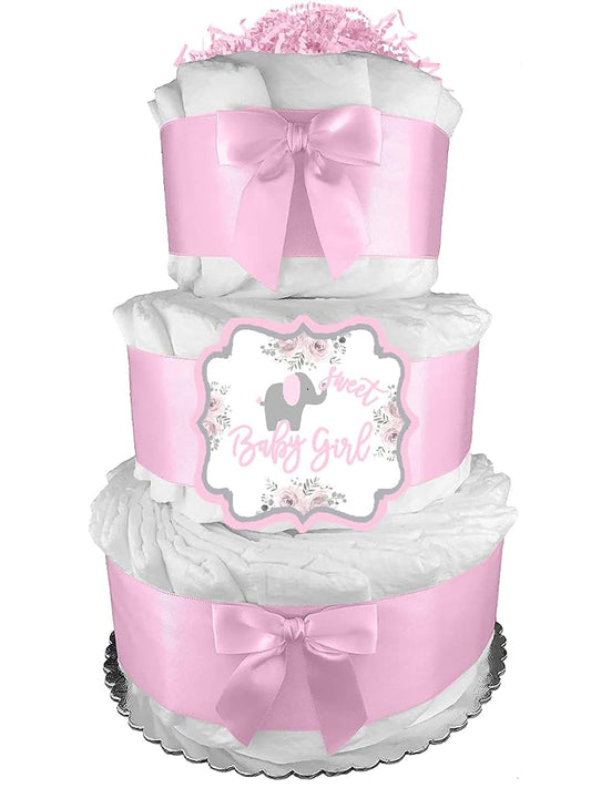 Sunshine Diaper Cakes Elephant Diaper Cake - It's a Girl Baby Shower Gift - Newborn Gift Idea - Pink