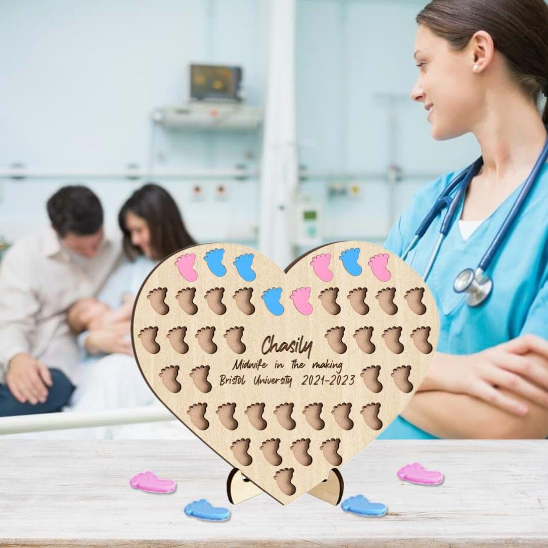 Condlin Personalised Student Midwife Birth Counter Sign with 50 Baby/Feet/Heart/Spaces Custom Name Degree Midwife Catch (photo 4)