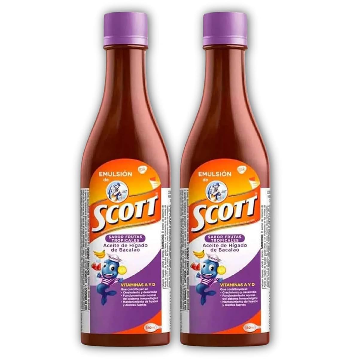 Yahve - Emulsion de Scott Aceite de hígado de bacalao sabor Frutas Tropicales Pack de 2 de 6.1 fl oz - 180 ml
