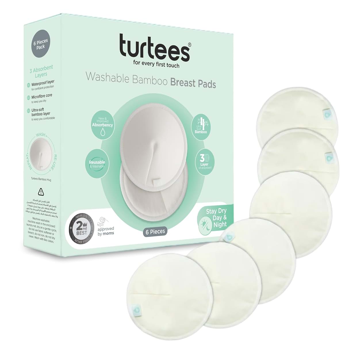 Turtees Washable Nursing Pads 6 Count – Reusable Bamboo Breast Pads for Breastfeeding Moms, Ultra-Soft Bamboo Viscose