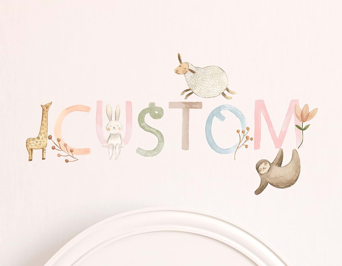 Watercolor Name Personalized Custom Wall Decal with Woodland Animals and Flowers for Nursery Room Decor