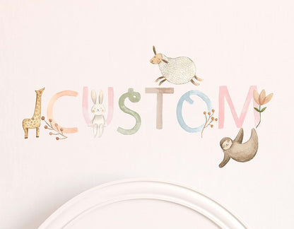 Watercolor Name Personalized Custom Wall Decal with Woodland Animals and Flowers for Nursery Room Decor