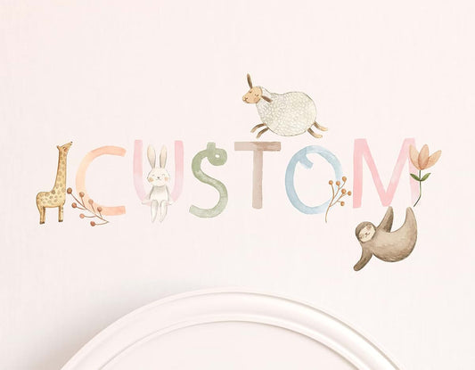Watercolor Name Personalized Custom Wall Decal with Woodland Animals and Flowers for Nursery Room Decor