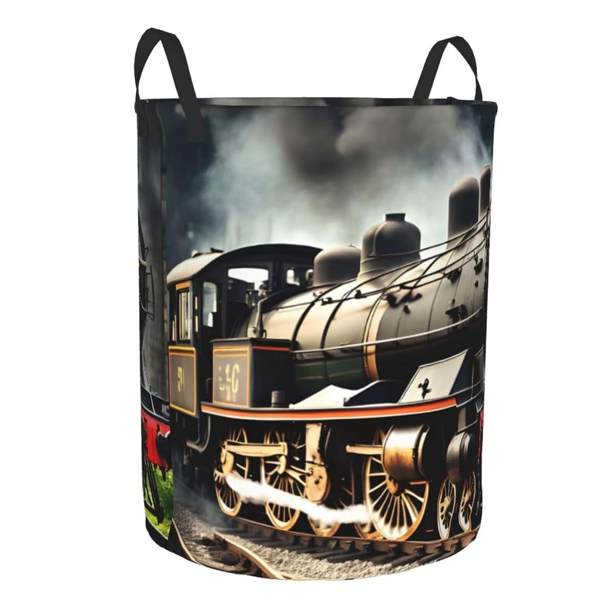 ZISHAK Steam Locomotive Train Print Circular Protable Storage Bin,Basket For Laundry Hamper With Handles Bedroom Clothes (photo 2)