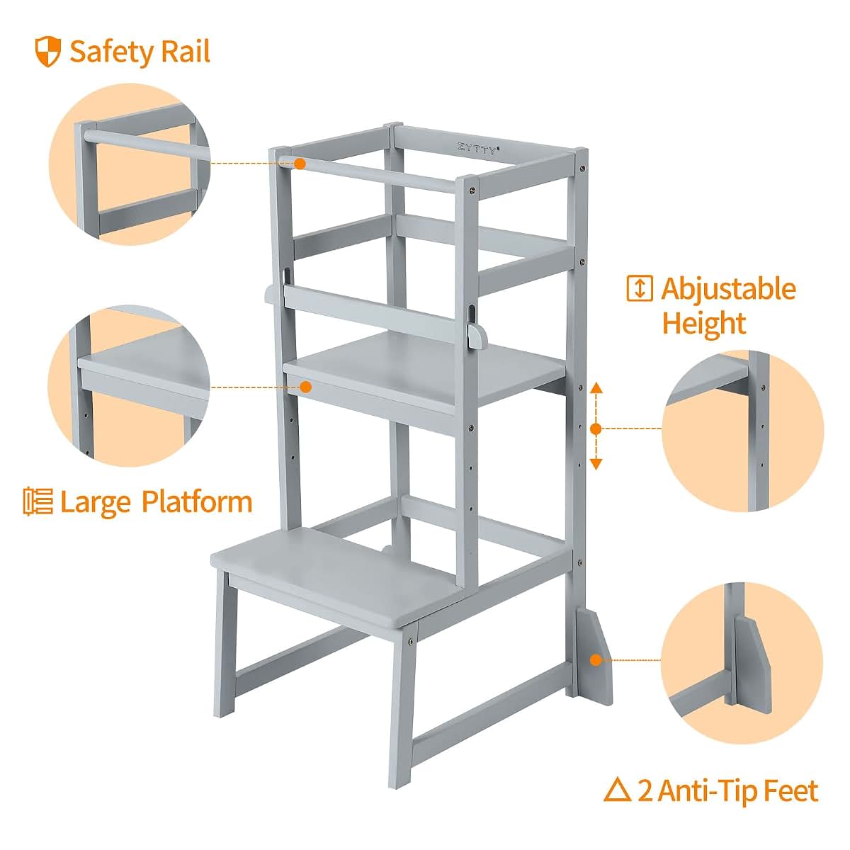 Zytty Toddler Step Stool Adjustable-Height Kitchen Tower - Grey (photo 3)