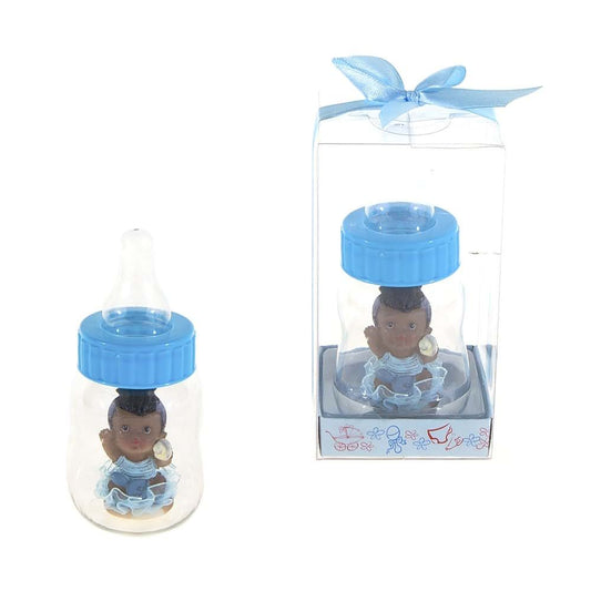 Lunaura Baby Keepsake - Set of 12 "Boy" Black Ethnic Baby Inside Baby Bottle Favors - Blue
