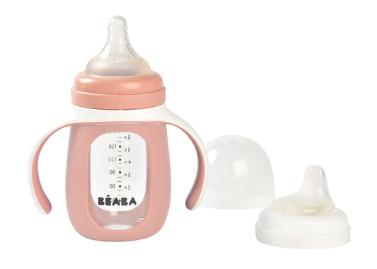 Béaba 2-in-1 Glass Baby Bottle and Transition Sippy Cup in Rose