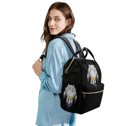 SONGTING Watercolor Wolf and Dreamcatcher Diaper Bag Backpack Travel Waterproof Mommy Bag Nappy Daypack Black-Style (photo 4)