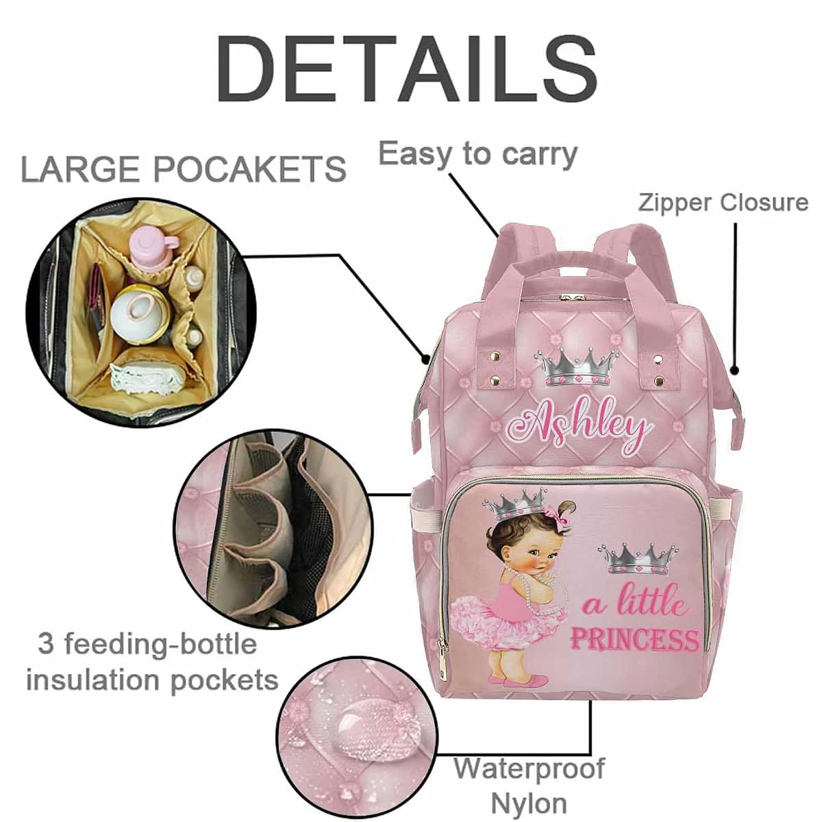 VIPOPSA Personalized Diaper Bag a Little Princess Girls Backpack Custom Mommy Bag Casual Daypack Customized Gift for (photo 3)