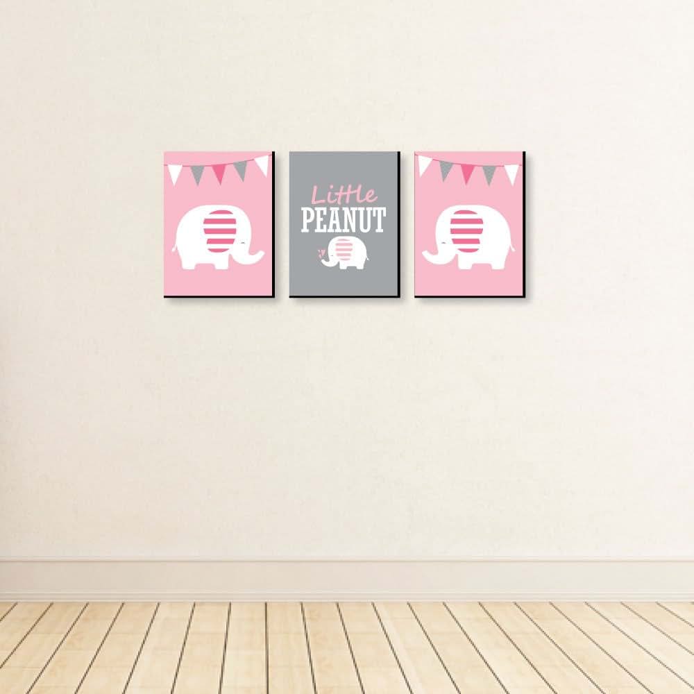 Big Dot of Happiness Pink Elephant Nursery Wall Art, 3-Piece Set
