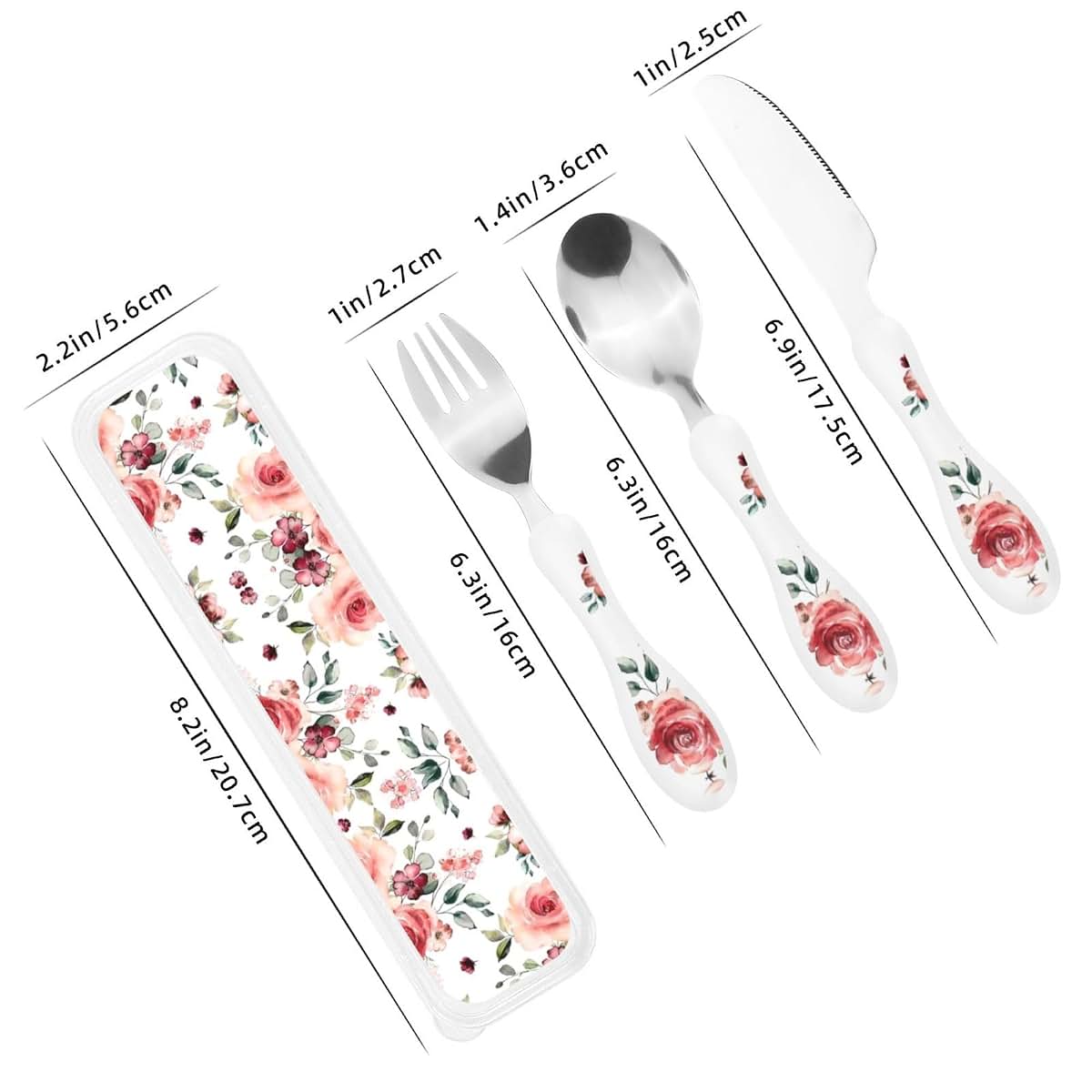 Blossoming Rose Flowers Print Kids Knife Fork and Spoon Set, Stainless Steel and PP Plastic