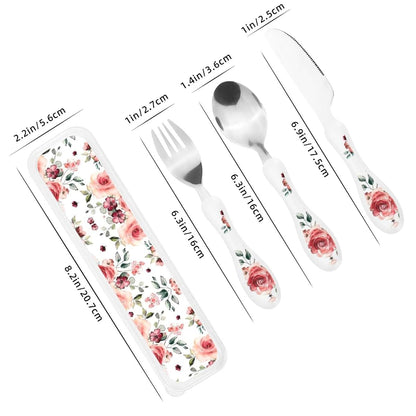 Blossoming Rose Flowers Print Kids Knife Fork and Spoon Set, Stainless Steel and PP Plastic