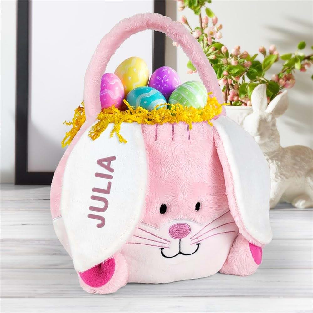 GiftsForYouNow Embroidered Fuzzy Pink Bunny Personalized Easter Basket, Plush Easter Basket for Little Girls, Easter (photo 2)
