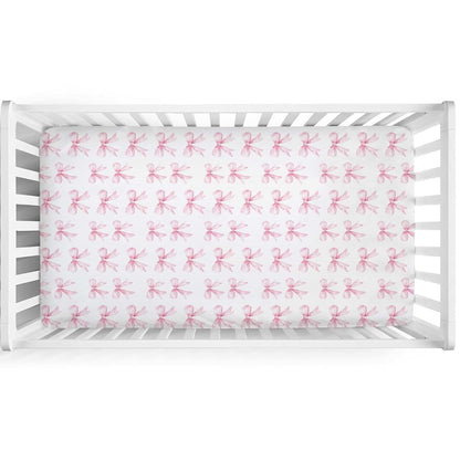 BabyOneStop Watercolor Pink Bows Fitted Crib Sheet For Standard Mattresses