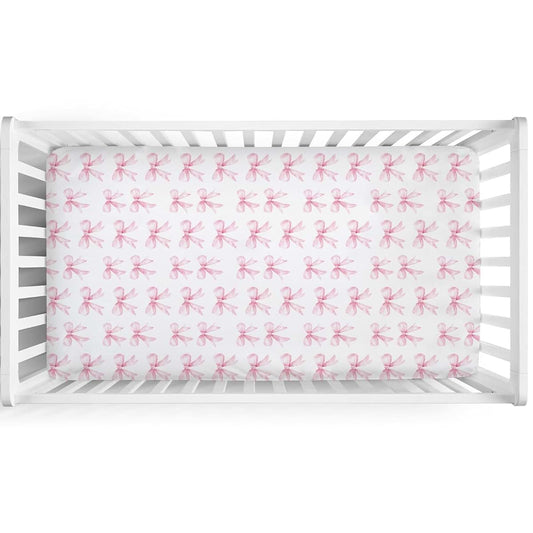 BabyOneStop Watercolor Pink Bows Fitted Crib Sheet For Standard Mattresses